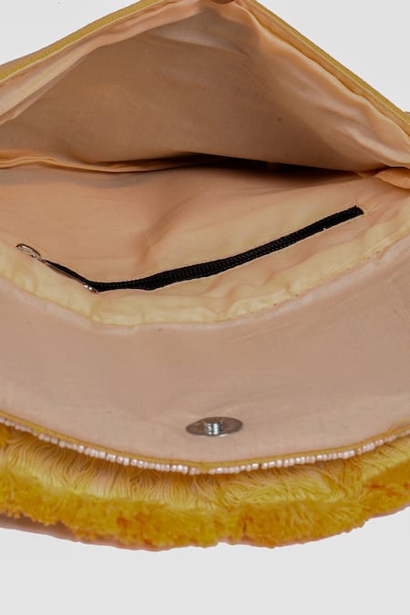 Shop_Nazaakat By Samara Singh_Yellow Beads, Stones, Fringe Embellished Boho Bag With Chain Strap 