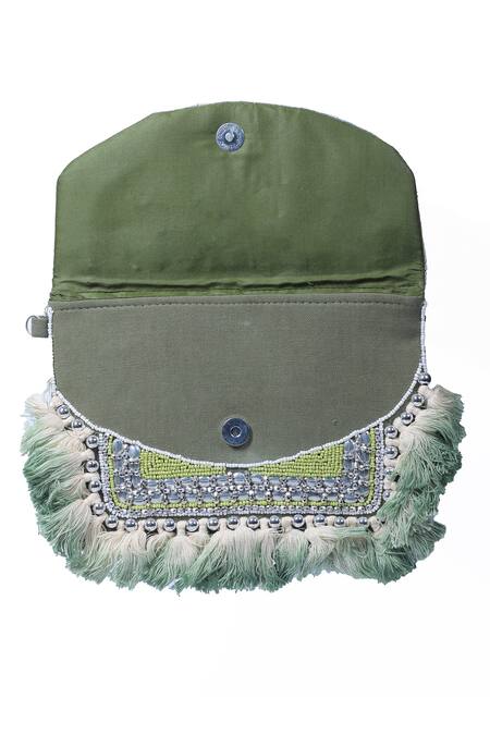 Buy Nazaakat By Samara Singh Green Beads, Stones, Tassels Fringed Beaded And Sequin Embellished Boho Bag Buy_Nazaakat By Samara Singh_Green Beads, Stones, Tassels Fringed Beaded And Sequin Embellished Boho Bag