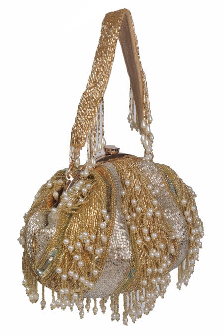 Shop_Nazaakat By Samara Singh_Gold Beads, Pearls, Sequins And Embellished Batua Bag _Online_at_Aza_Fashions