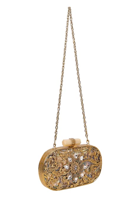 Shop_Nazaakat By Samara Singh_Gold Crystals, Beads, Stones Embellished Clutch With Detachable Sling _Online_at_Aza_Fashions