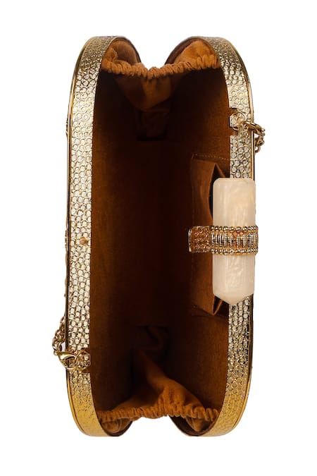 Nazaakat By Samara Singh_Gold Crystals, Beads, Stones Embellished Clutch With Detachable Sling _at_Aza_Fashions