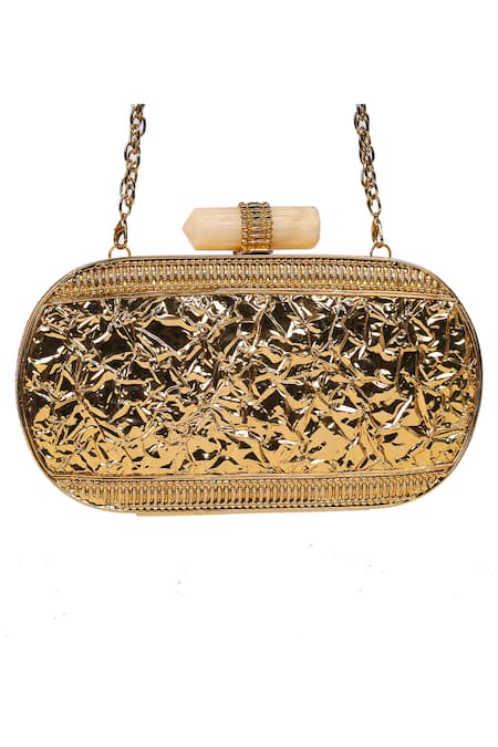 Shop_Nazaakat By Samara Singh_Gold Crystals, Beads, Stones Embellished Clutch With Detachable Sling 