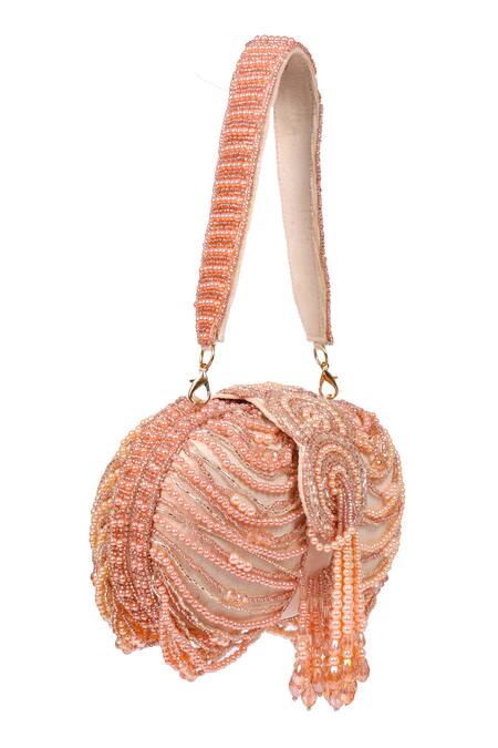 Nazaakat By Samara Singh_Pink Beads, Pearls, Crystals Beaded Wave And Tassel Embellished Clutch _at_Aza_Fashions