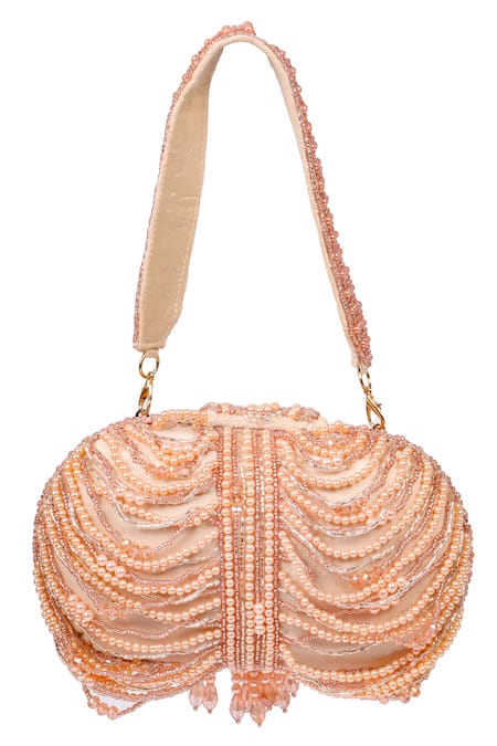Buy_Nazaakat By Samara Singh_Pink Beads, Pearls, Crystals Beaded Wave And Tassel Embellished Clutch 
