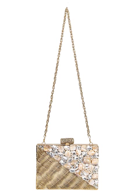 Buy_Nazaakat By Samara Singh_Gold Stones, Pearls, Metallic Embellished Geometric Pattern Clutch With Sling 