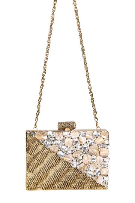 Shop_Nazaakat By Samara Singh_Gold Stones, Pearls, Metallic Embellished Geometric Pattern Clutch With Sling 