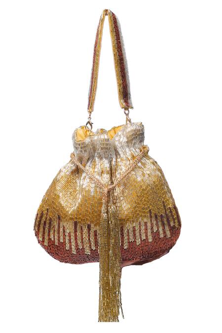 Nazaakat By Samara Singh_Gold Beads, Tassels Beaded Ombre Potli Bag With _at_Aza_Fashions