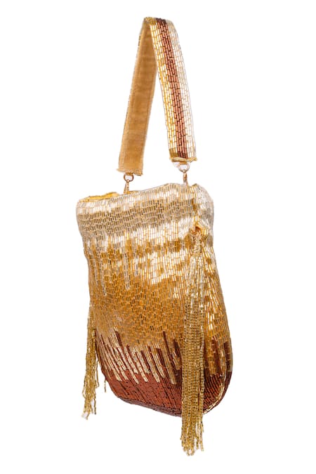 Buy_Nazaakat By Samara Singh_Gold Beads, Tassels Beaded Ombre Potli Bag With 