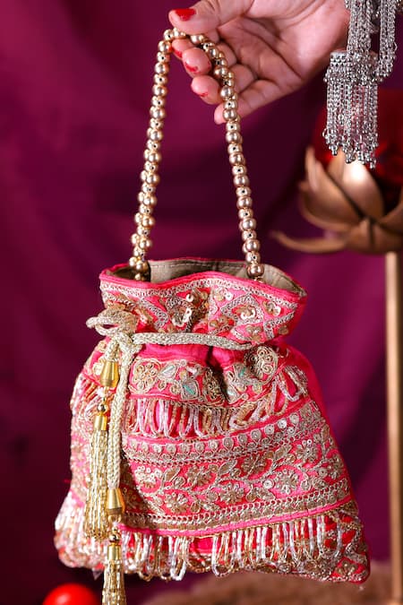 Shop_Nazaakat By Samara Singh_Pink Sequins, Embroidery, Beads Potli Bag With Handle _Online_at_Aza_Fashions