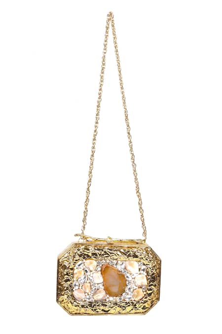 Nazaakat By Samara Singh Textured Brass Stone & Pearl Embellished Clutch 