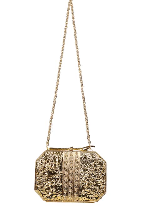 Nazaakat By Samara Singh_Gold Gemstones, Rhinestones, Pearls Textured Brass Stone And Embellished Clutch _at_Aza_Fashions
