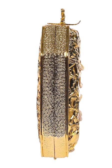 Buy_Nazaakat By Samara Singh_Gold Gemstones, Rhinestones, Pearls Textured Brass Stone And Embellished Clutch 