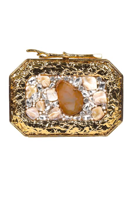 Shop_Nazaakat By Samara Singh_Gold Gemstones, Rhinestones, Pearls Textured Brass Stone And Embellished Clutch 