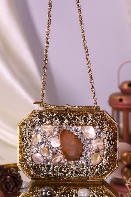 Nazaakat By Samara Singh Textured Brass Stone & Pearl Embellished Clutch 