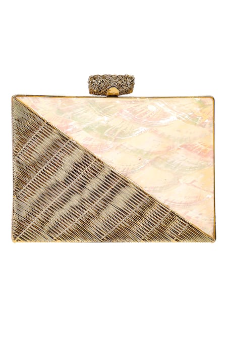 Buy_Nazaakat By Samara Singh_Gold Geometric Pattern Box Clutch With Sling Chain _Online_at_Aza_Fashions