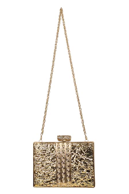 Nazaakat By Samara Singh_Gold Geometric Pattern Box Clutch With Sling Chain _at_Aza_Fashions