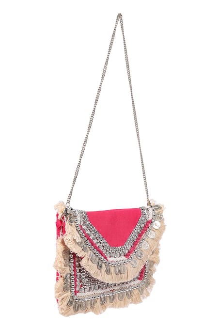 Shop Nazaakat By Samara Singh Pink Beads, Fringe, Studs Coin And Embellished Boho Bag Online at Aza Fashions Shop_Nazaakat By Samara Singh_Pink Beads, Fringe, Studs Coin And Embellished Boho Bag _Online_at_Aza_Fashions