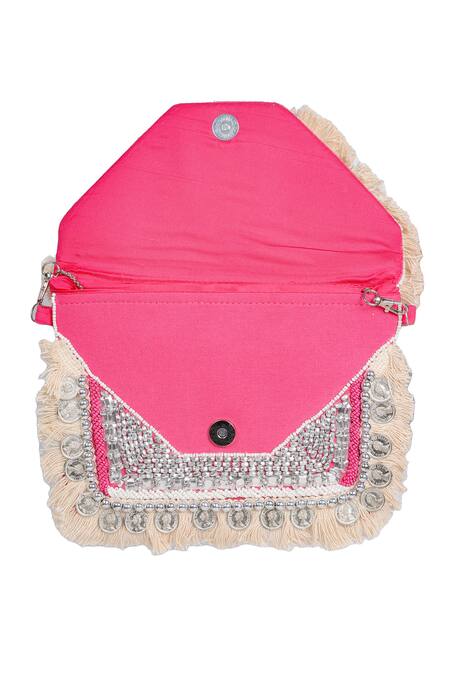 Nazaakat By Samara Singh Pink Beads, Fringe, Studs Coin And Embellished Boho Bag at Aza Fashions Nazaakat By Samara Singh_Pink Beads, Fringe, Studs Coin And Embellished Boho Bag _at_Aza_Fashions