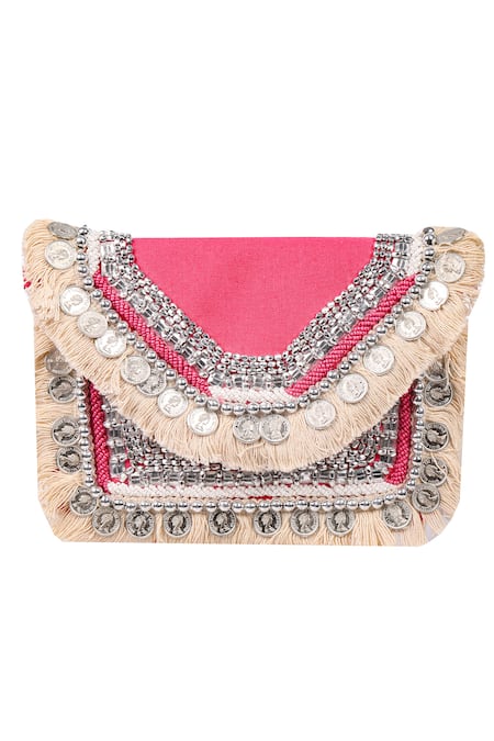 Buy Nazaakat By Samara Singh Pink Beads, Fringe, Studs Coin And Embellished Boho Bag Buy_Nazaakat By Samara Singh_Pink Beads, Fringe, Studs Coin And Embellished Boho Bag