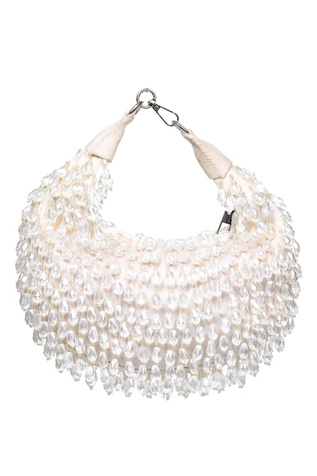 Shop_Nazaakat By Samara Singh_White Beads, Crystals Embellished Crescent Clutch Bag _Online_at_Aza_Fashions