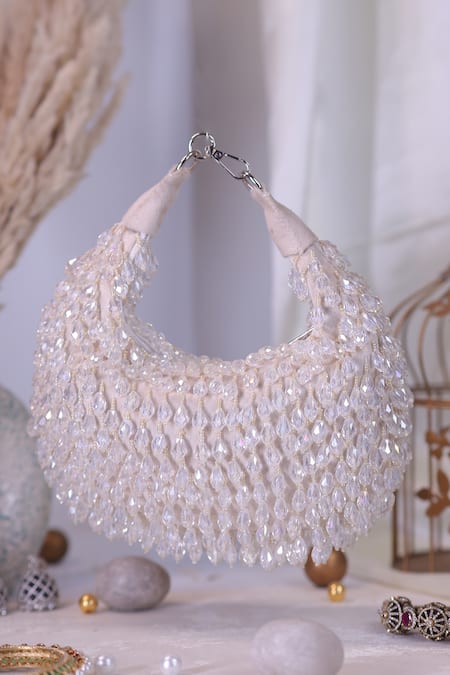 Nazaakat By Samara Singh_White Beads, Crystals Embellished Crescent Clutch Bag _at_Aza_Fashions