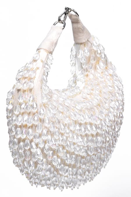 Shop_Nazaakat By Samara Singh_White Beads, Crystals Embellished Crescent Clutch Bag 