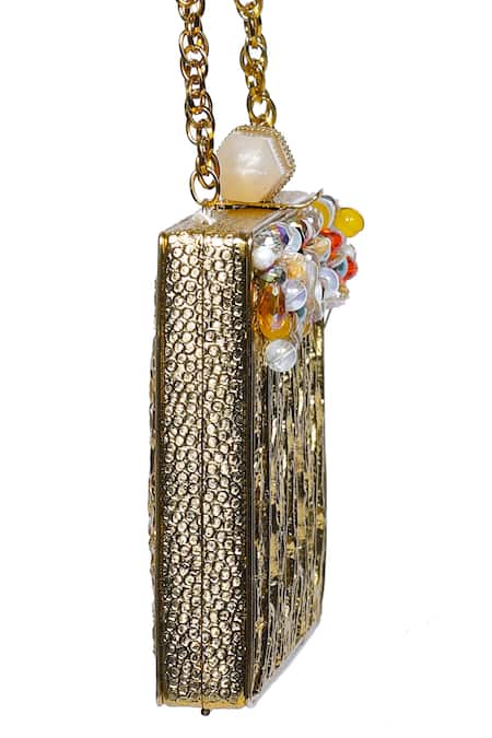 Buy_Nazaakat By Samara Singh_Beige Beads, Pearls, Stones Embellished Clutch With Detachable Sling Chain _Online_at_Aza_Fashions