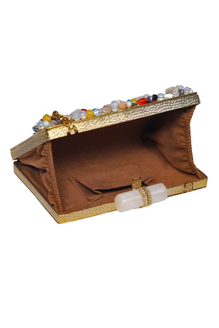 Shop_Nazaakat By Samara Singh_Beige Beads, Pearls, Stones Embellished Clutch With Detachable Sling Chain _Online_at_Aza_Fashions
