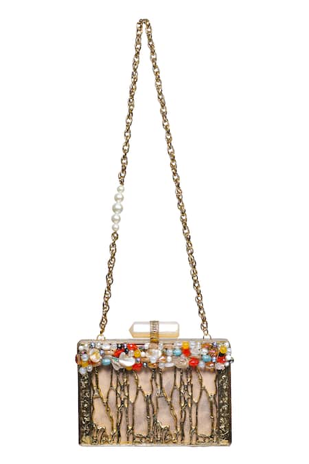 Nazaakat By Samara Singh_Beige Beads, Pearls, Stones Embellished Clutch With Detachable Sling Chain _at_Aza_Fashions