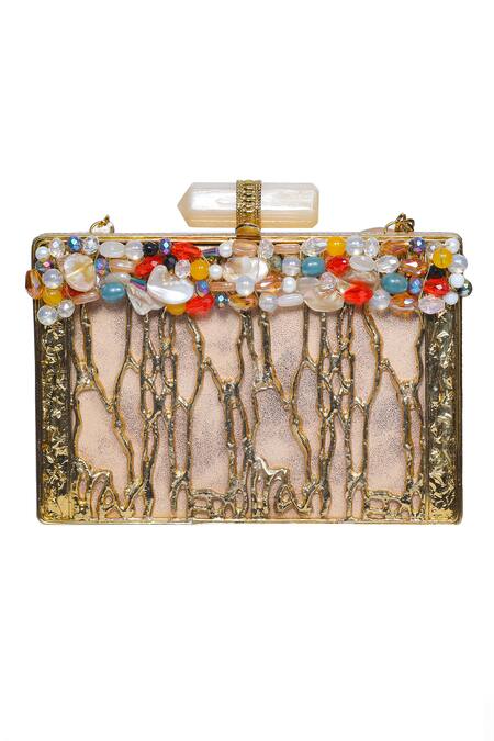 Buy_Nazaakat By Samara Singh_Beige Beads, Pearls, Stones Embellished Clutch With Detachable Sling Chain 