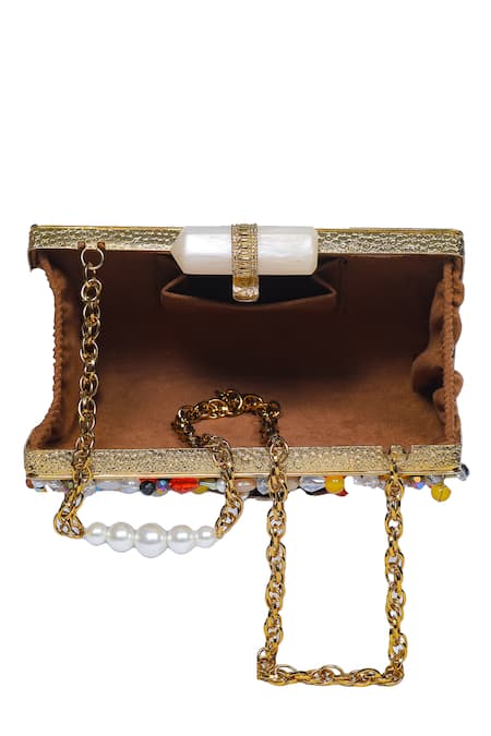 Shop_Nazaakat By Samara Singh_Beige Beads, Pearls, Stones Embellished Clutch With Detachable Sling Chain 
