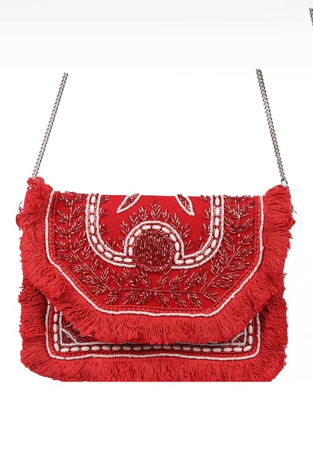 Shop Nazaakat By Samara Singh Red Beads, Fringe, Metallic Thread Beaded Embroidered Boho Bag Online at Aza Fashions Shop_Nazaakat By Samara Singh_Red Beads, Fringe, Metallic Thread Beaded Embroidered Boho Bag _Online_at_Aza_Fashions
