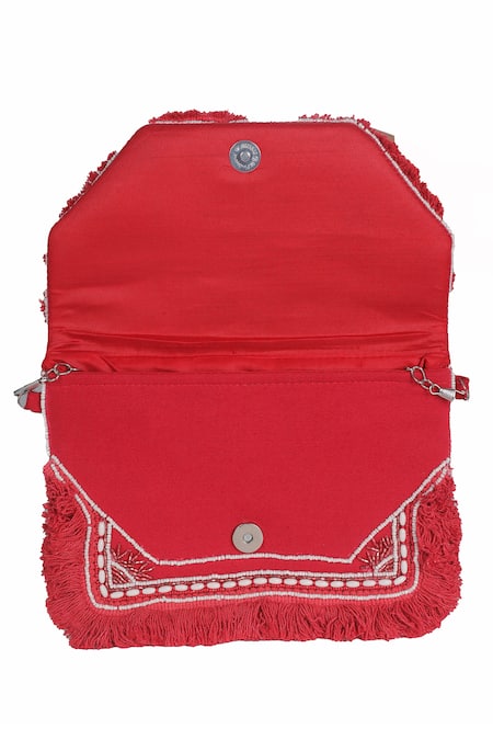 Nazaakat By Samara Singh Red Beads, Fringe, Metallic Thread Beaded Embroidered Boho Bag at Aza Fashions Nazaakat By Samara Singh_Red Beads, Fringe, Metallic Thread Beaded Embroidered Boho Bag _at_Aza_Fashions