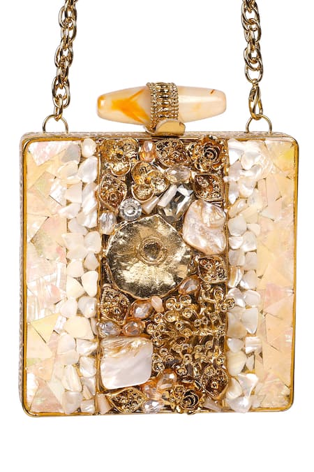 Shop_Nazaakat By Samara Singh_Beige Beads, Stones, Crystals Mother Of Pearl And Embellished Clutch _Online_at_Aza_Fashions