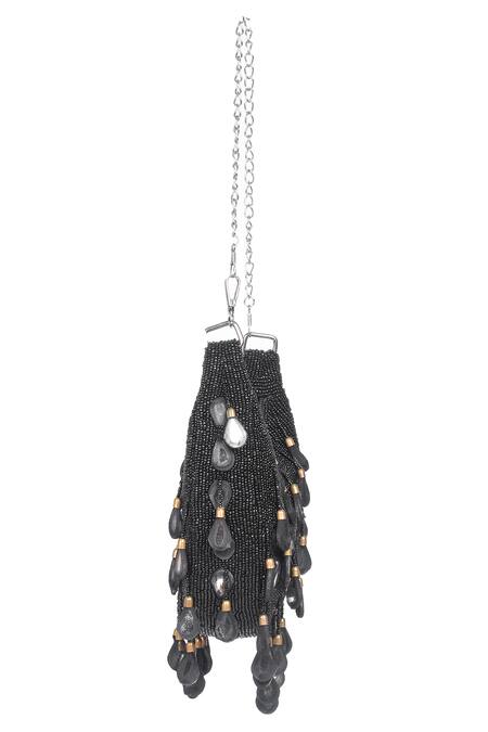 Shop Nazaakat By Samara Singh Black Beads, Stones, Tassels Beaded Embellished Clutch With Detachable Handle Online at Aza Fashions Shop_Nazaakat By Samara Singh_Black Beads, Stones, Tassels Beaded Embellished Clutch With Detachable Handle _Online_at_Aza_Fashions