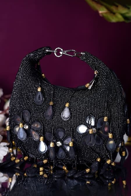 Nazaakat By Samara Singh Black Beads, Stones, Tassels Beaded Embellished Clutch With Detachable Handle 