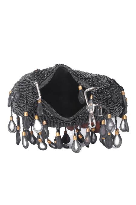 Nazaakat By Samara Singh Black Beads, Stones, Tassels Beaded Embellished Clutch With Detachable Handle at Aza Fashions Nazaakat By Samara Singh_Black Beads, Stones, Tassels Beaded Embellished Clutch With Detachable Handle _at_Aza_Fashions