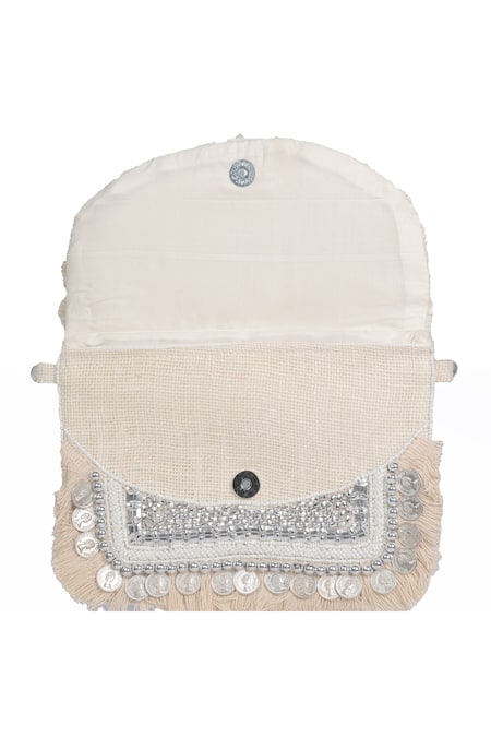 Nazaakat By Samara Singh White Beads, Stones, Tassels Coin And Embellished Fringe Boho Bag at Aza Fashions Nazaakat By Samara Singh_White Beads, Stones, Tassels Coin And Embellished Fringe Boho Bag _at_Aza_Fashions