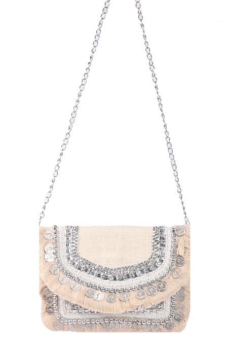 Buy Nazaakat By Samara Singh White Beads, Stones, Tassels Coin And Embellished Fringe Boho Bag Buy_Nazaakat By Samara Singh_White Beads, Stones, Tassels Coin And Embellished Fringe Boho Bag