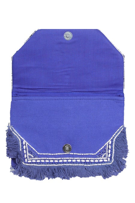 Buy_Nazaakat By Samara Singh_Blue Beads, Fringe Embroidered Boho Bag With Chain Strap _Online_at_Aza_Fashions