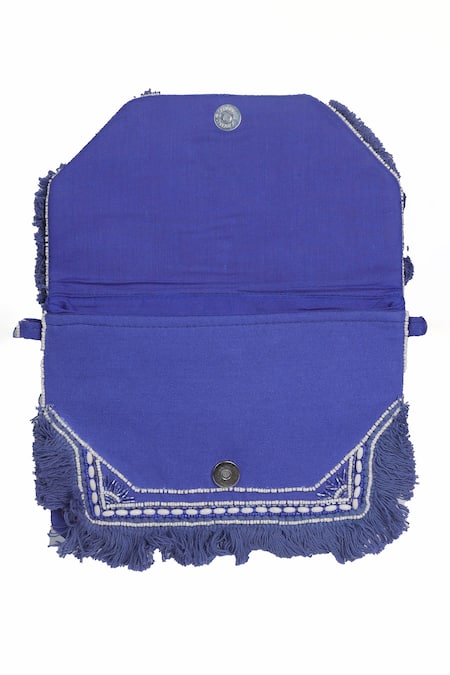 Shop_Nazaakat By Samara Singh_Blue Beads, Fringe Embroidered Boho Bag With Chain Strap _Online_at_Aza_Fashions