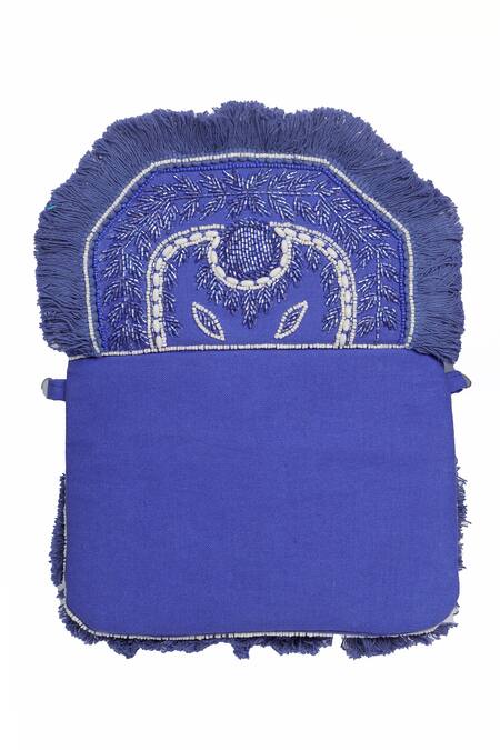 Nazaakat By Samara Singh_Blue Beads, Fringe Embroidered Boho Bag With Chain Strap _at_Aza_Fashions
