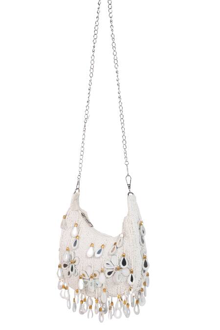 Nazaakat By Samara Singh White Beads, Stones, Mirrors Floral Beaded Embellished Clutch With Chain at Aza Fashions Nazaakat By Samara Singh_White Beads, Stones, Mirrors Floral Beaded Embellished Clutch With Chain _at_Aza_Fashions