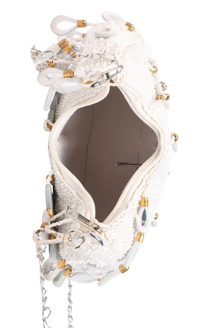 Buy Nazaakat By Samara Singh White Beads, Stones, Mirrors Floral Beaded Embellished Clutch With Chain Buy_Nazaakat By Samara Singh_White Beads, Stones, Mirrors Floral Beaded Embellished Clutch With Chain