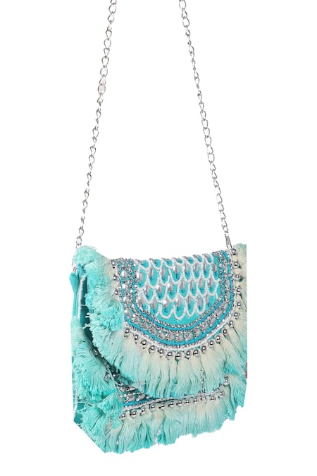 Buy_Nazaakat By Samara Singh_Aqua Beads, Sequins, Tassels Beaded And Embellished Boho Bag _Online_at_Aza_Fashions