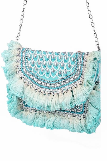 Shop_Nazaakat By Samara Singh_Aqua Beads, Sequins, Tassels Beaded And Embellished Boho Bag _Online_at_Aza_Fashions