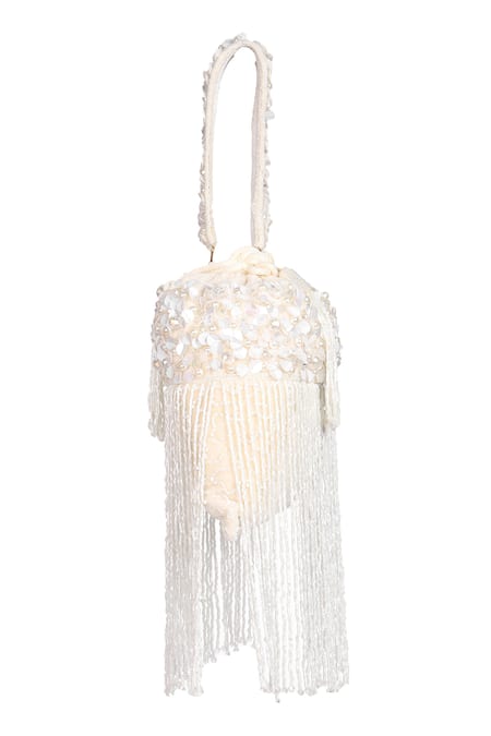 Buy_Nazaakat By Samara Singh_Off White Sequins, Beads, Tassels And Pearl Embellished Fringe Potli Bag _Online_at_Aza_Fashions