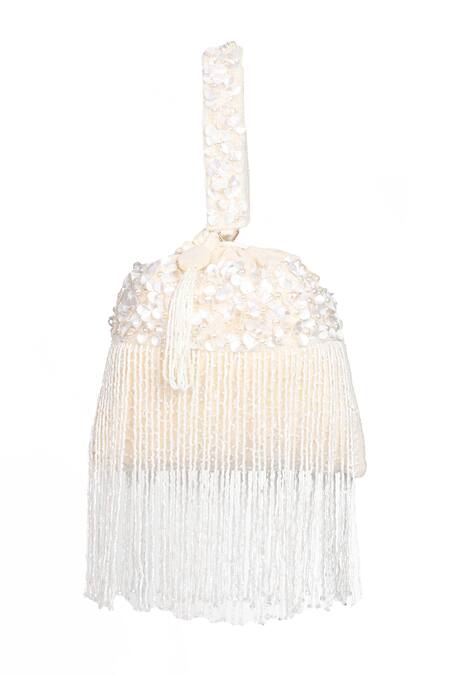Shop_Nazaakat By Samara Singh_Off White Sequins, Beads, Tassels And Pearl Embellished Fringe Potli Bag _Online_at_Aza_Fashions