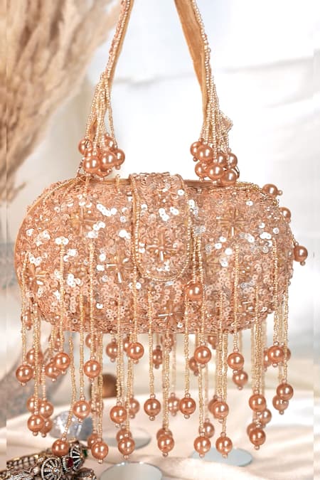 Shop_Nazaakat By Samara Singh_Beige Sequins, Beads, Pearls And Embellished Potli Bag 