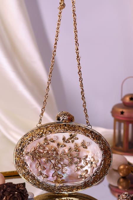 Nazaakat By Samara Singh Mother of Pearl & Floral Embellished Clutch 